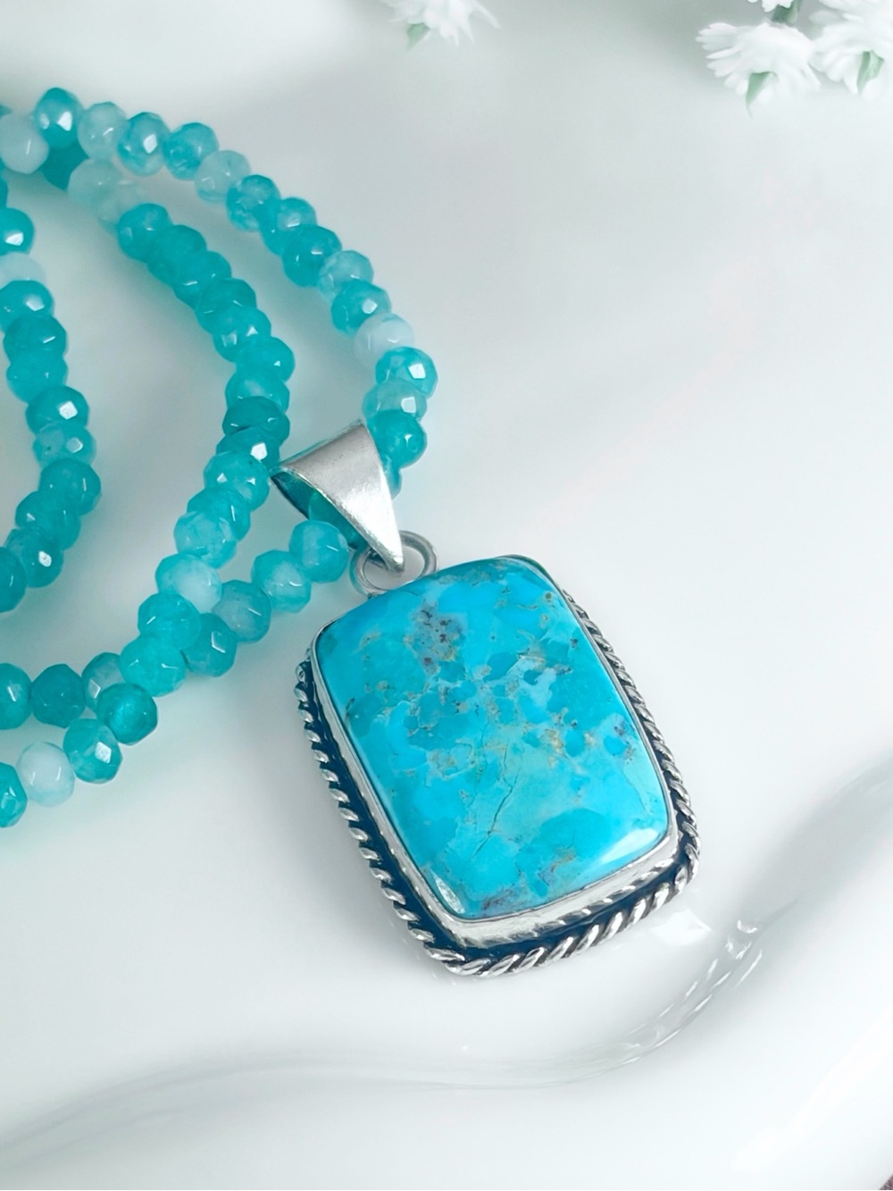 Kingman Mohave Turquoise Pendant Aquamarine Necklace Sterling Silver 925 Overlay